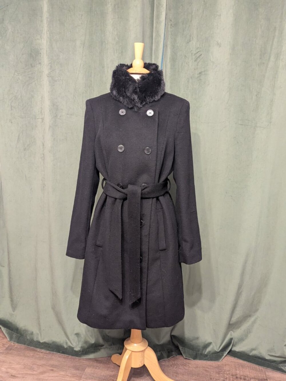 Ralph Lauren Coat Womens Black Wool Long Faux Fur Collar Lined Size 14